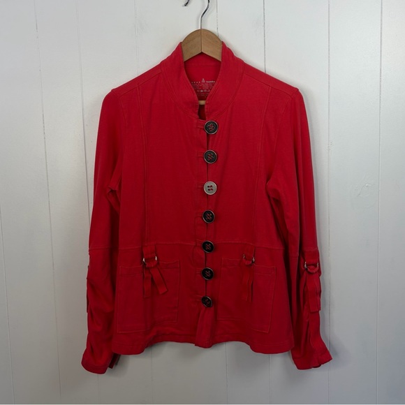 Neon Buddha Coral Red Button Yoga Jacket Stretch size Small Cotton Athleisure - Picture 2 of 10